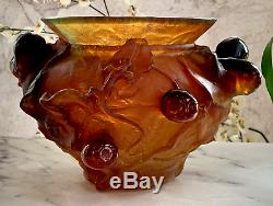 DAUM Large Figs Bowl Vase Amber French Crystal Pate de Verre Retail $4800