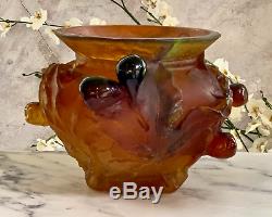 DAUM Large Figs Bowl Vase Amber French Crystal Pate de Verre Retail $4800