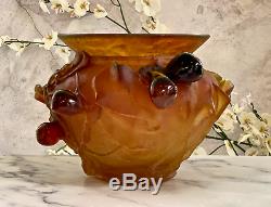 DAUM Large Figs Bowl Vase Amber French Crystal Pate de Verre Retail $4800