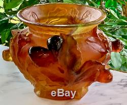 DAUM Large Figs Bowl Vase Amber French Crystal Pate de Verre Retail $4800