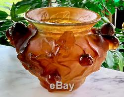 DAUM Large Figs Bowl Vase Amber French Crystal Pate de Verre Retail $4800