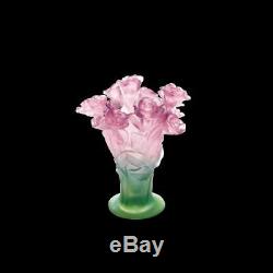 Daum Floral Roses Vase Pink and Green Art Glass Made in France 02570 New