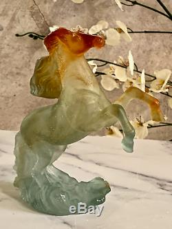 Daum Pate de Verre Crystal Wild Rearing Horse Signed Authentic with Box