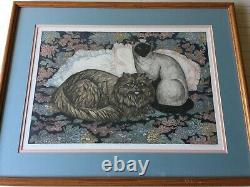 Dorothy Lundquist Cat and Pillows Limited Edition Etching Print, Signed, Framed