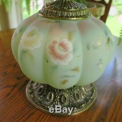 Fenton Lotus Mist Green Burmese Rose Nectar Lamp 27.5 w Chimney #5505OY Y2004