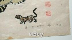 J. H. Han Korean Folk Tiger Limited Edition Signed Woodblock Dated 1973