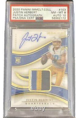 Justin Herbert 2020 Panini Immaculate Rc Auto Patch Rpa /99 Psa 8, Auto 10