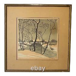 Rare Color Woodcut F. Goldberg Winter Scene Signed by the Artist Limited Edition