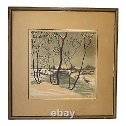 Rare Color Woodcut F. Goldberg Winter Scene Signed by the Artist Limited Edition