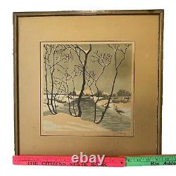 Rare Color Woodcut F. Goldberg Winter Scene Signed by the Artist Limited Edition