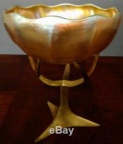 TIFFANY FAVRILE Art Glass Gold C. 1894 Old Huge Bowl rare w-Bronze stand